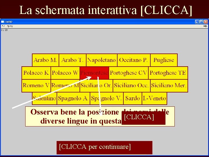 La schermata interattiva [CLICCA] Osserva bene la posizione dei nomi delle [CLICCA] diverse lingue