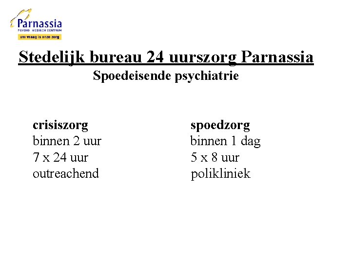 Stedelijk bureau 24 uurszorg Parnassia Spoedeisende psychiatrie crisiszorg binnen 2 uur 7 x 24