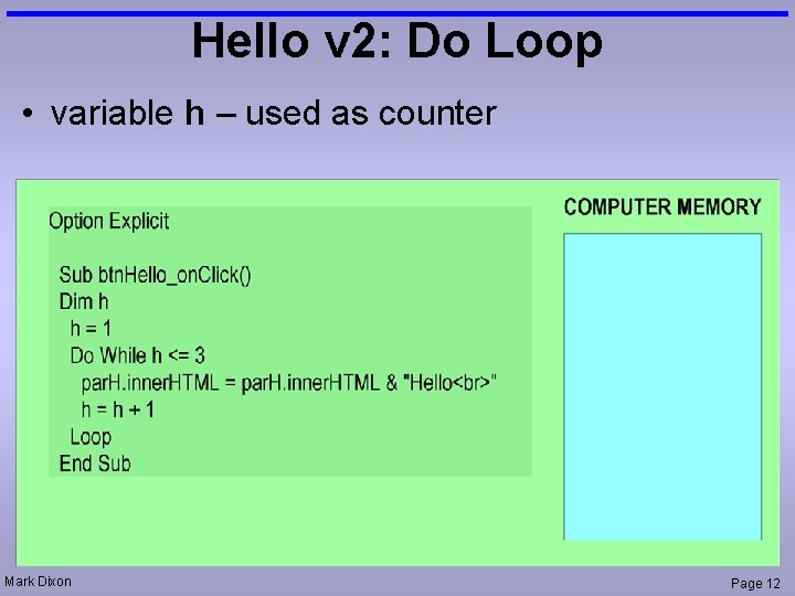 Hello v 2: Do Loop • variable h – used as counter Mark Dixon