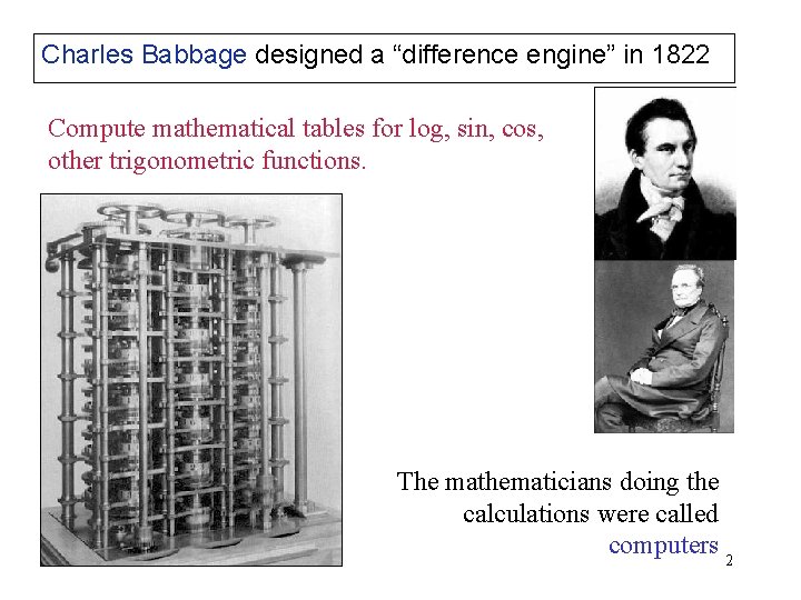 Charles Babbage designed a “difference engine” in 1822 Compute mathematical tables for log, sin,