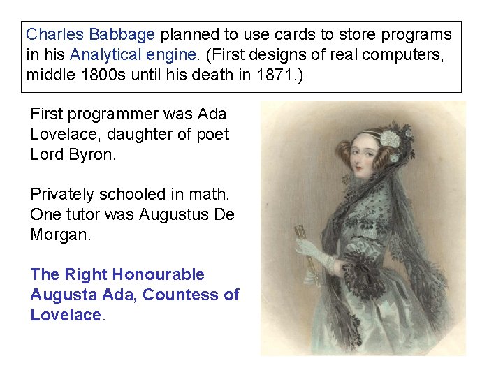 Charles Babbage planned to use cards to store programs in his Analytical engine. (First