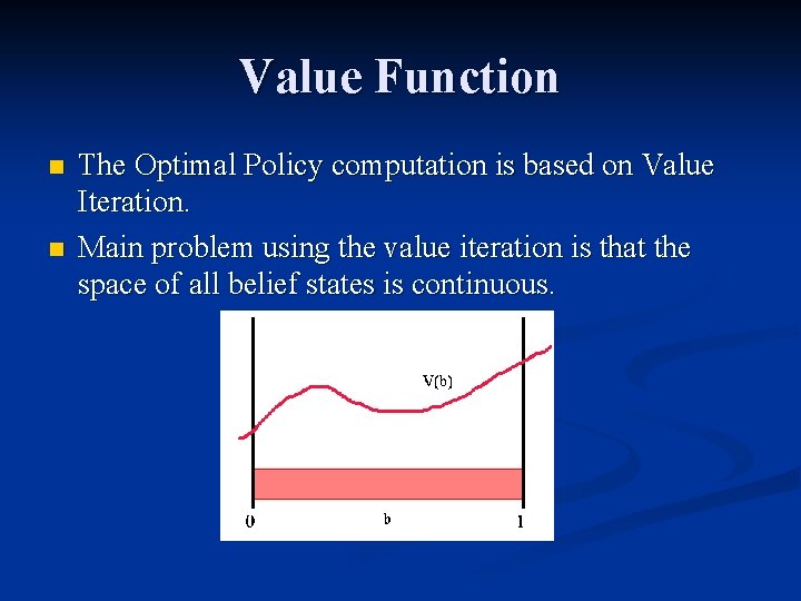 Value Function n n The Optimal Policy computation is based on Value Iteration. Main