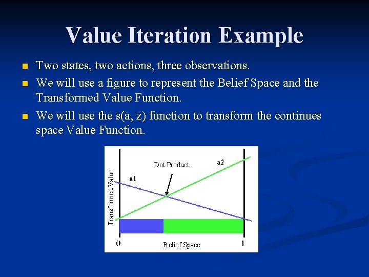 Value Iteration Example n n Two states, two actions, three observations. We will use