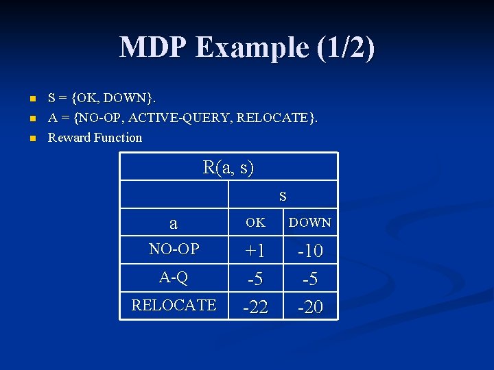 MDP Example (1/2) n n n S = {OK, DOWN}. A = {NO-OP, ACTIVE-QUERY,