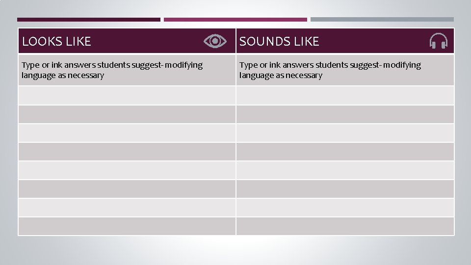 LOOKSLIKE SOUNDS LIKE Type or ink answers students suggest- modifying language as necessary 