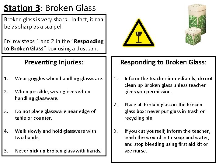 Station 3: Broken Glass Broken glass is very sharp. In fact, it can be