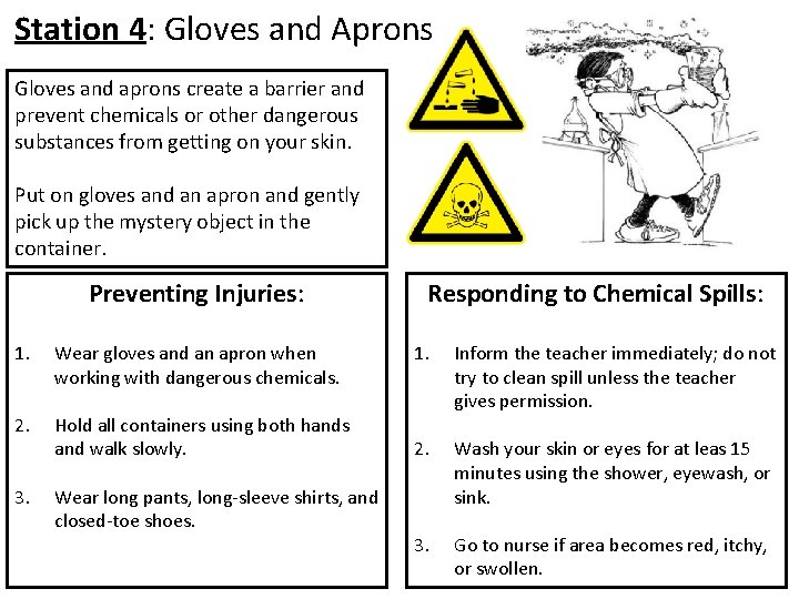 Station 4: Gloves and Aprons Gloves and aprons create a barrier and prevent chemicals