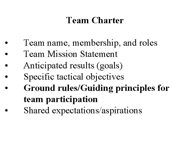 Team Charter • • • Team name, membership, and roles Team Mission Statement Anticipated