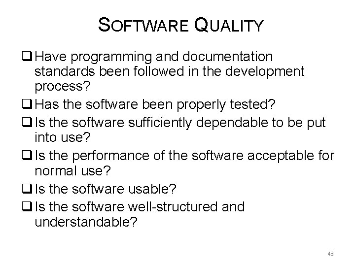 SOFTWARE QUALITY q Have programming and documentation standards been followed in the development process?