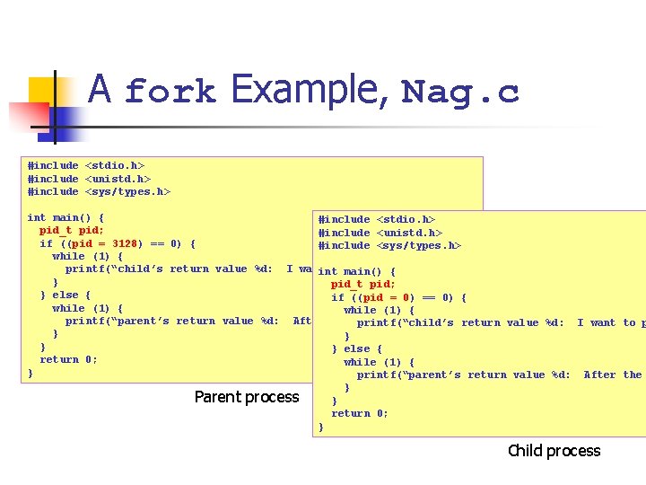 A fork Example, Nag. c #include <stdio. h> #include <unistd. h> #include <sys/types. h>