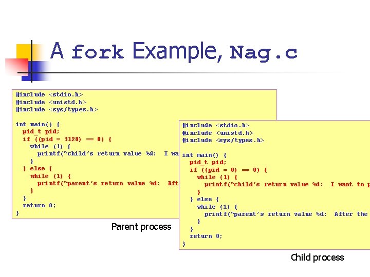 A fork Example, Nag. c #include <stdio. h> #include <unistd. h> #include <sys/types. h>