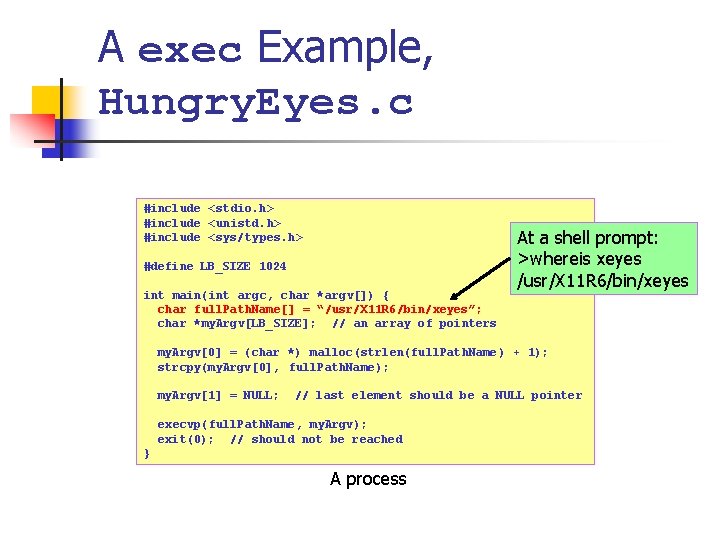 A exec Example, Hungry. Eyes. c #include <stdio. h> #include <unistd. h> #include <sys/types.