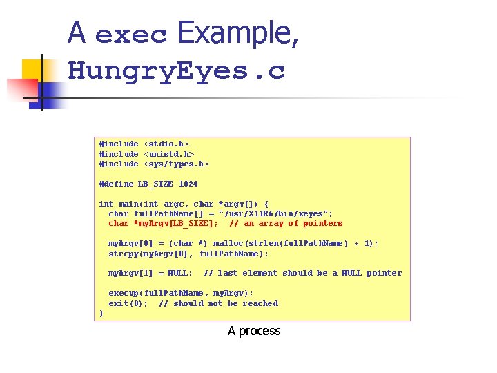A exec Example, Hungry. Eyes. c #include <stdio. h> #include <unistd. h> #include <sys/types.