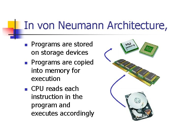 In von Neumann Architecture, n n n Programs are stored on storage devices Programs