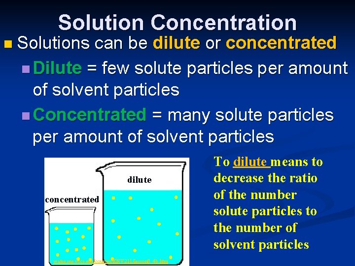 Solution Concentration n Solutions can be dilute or concentrated n Dilute = few solute