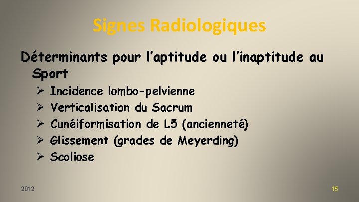 Signes Radiologiques Déterminants pour l’aptitude ou l’inaptitude au Sport Ø Ø Ø 2012 Incidence
