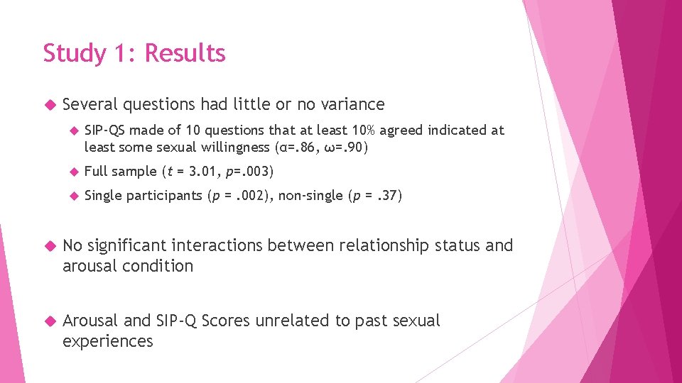 Study 1: Results Several questions had little or no variance SIP-QS made of 10