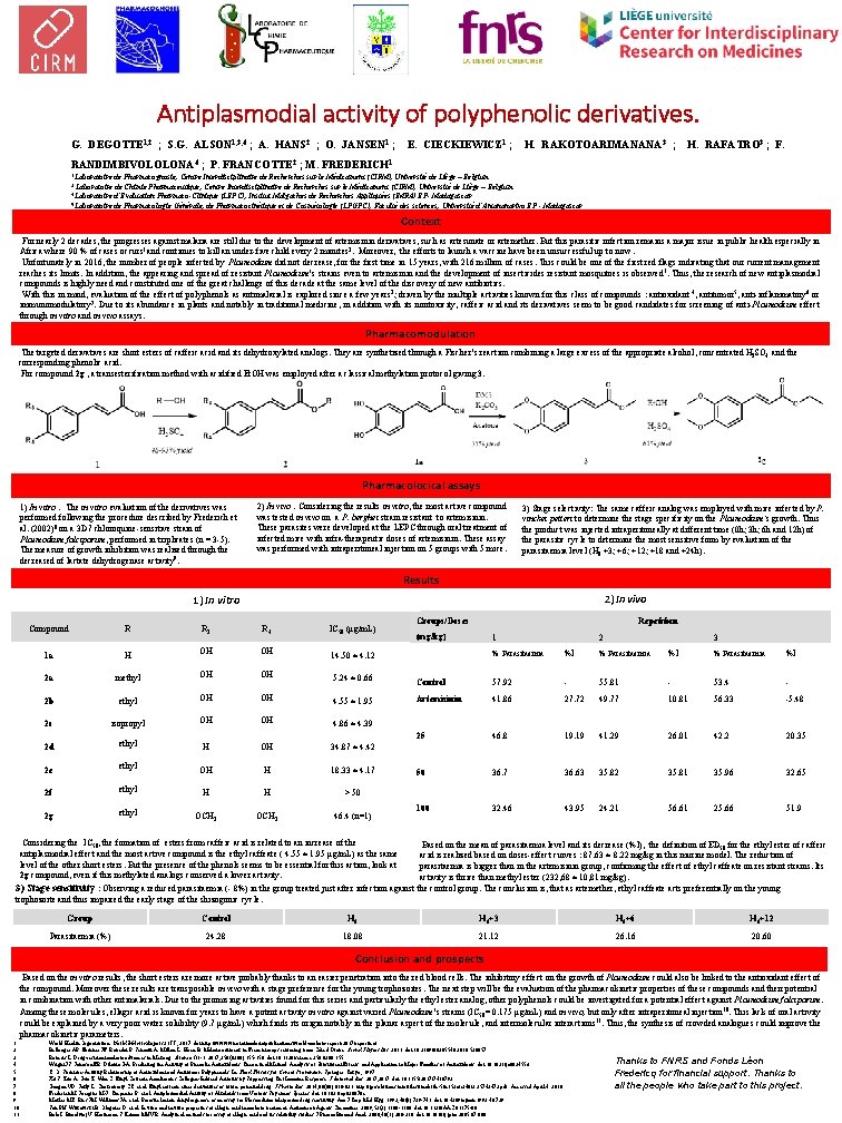 Antiplasmodial activity of polyphenolic derivatives. G. DEGOTTE 1, 2 ; S. G. ALSON 1,