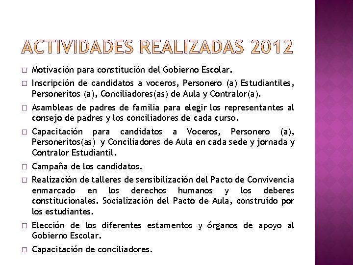 � Motivación para constitución del Gobierno Escolar. � Inscripción de candidatos a voceros, Personero