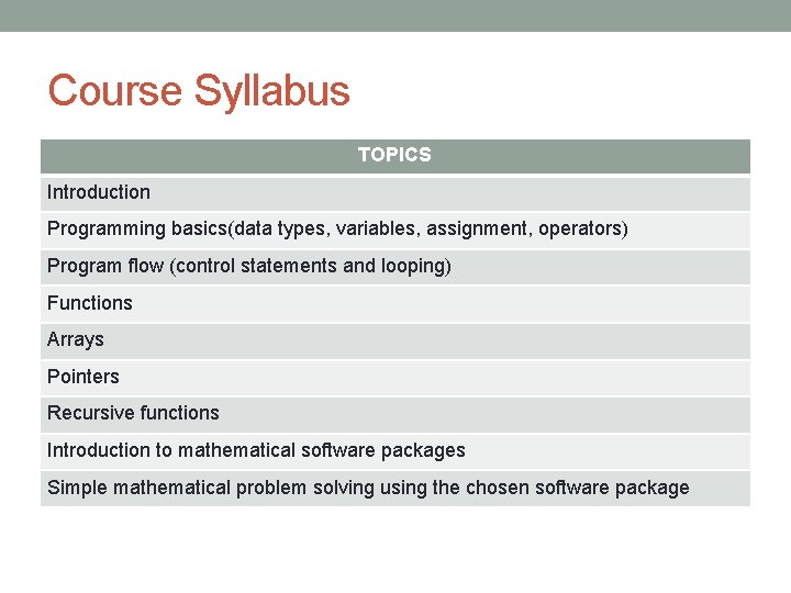 Course Syllabus TOPICS Introduction Programming basics(data types, variables, assignment, operators) Program flow (control statements