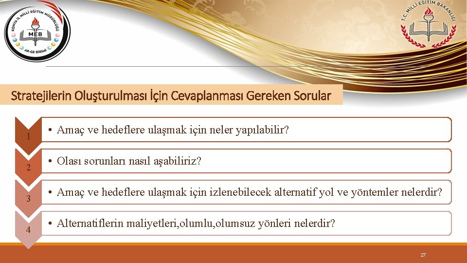 Stratejilerin Oluşturulması İçin Cevaplanması Gereken Sorular 1 2 3 4 • Amaç ve hedeflere