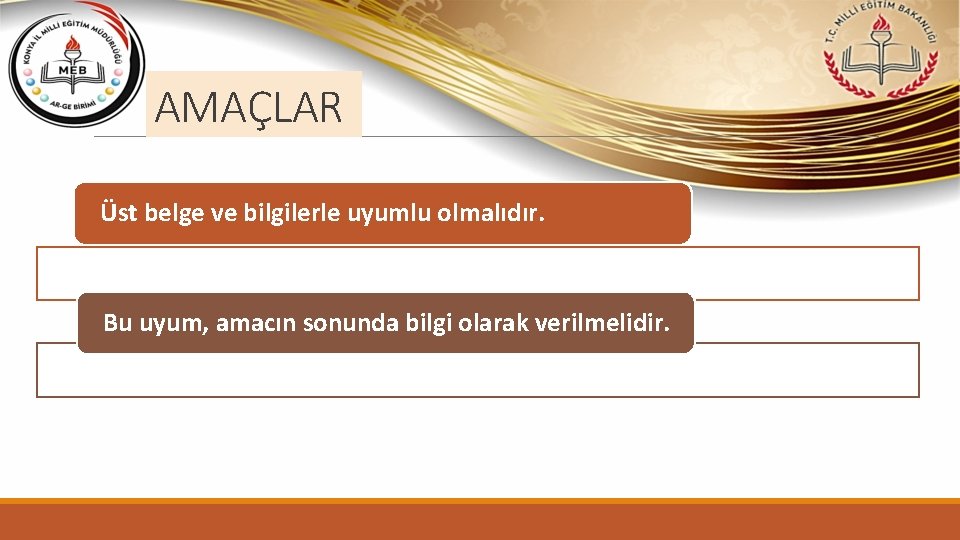 AMAÇLAR Üst belge ve bilgilerle uyumlu olmalıdır. Bu uyum, amacın sonunda bilgi olarak verilmelidir.