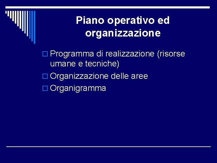 Piano operativo ed organizzazione o Programma di realizzazione (risorse umane e tecniche) o Organizzazione
