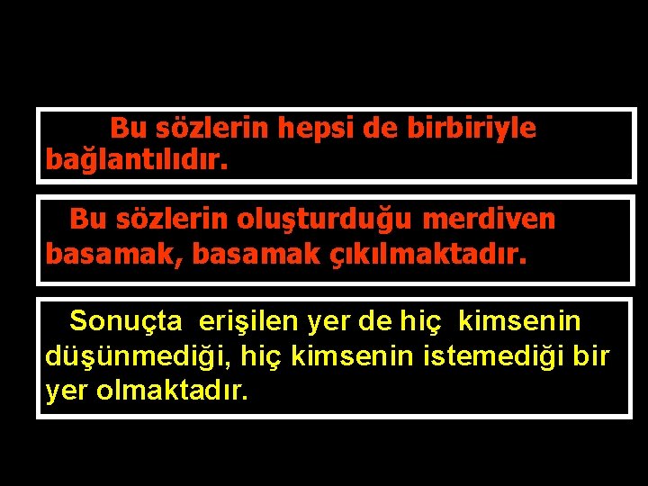 Bu sözlerin hepsi de birbiriyle bağlantılıdır. Bu sözlerin oluşturduğu merdiven basamak, basamak çıkılmaktadır. Sonuçta