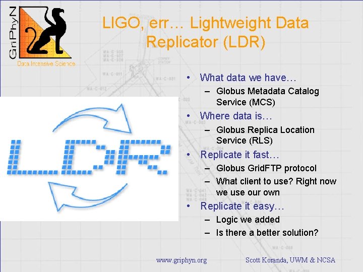 LIGO, err… Lightweight Data Replicator (LDR) • What data we have… – Globus Metadata