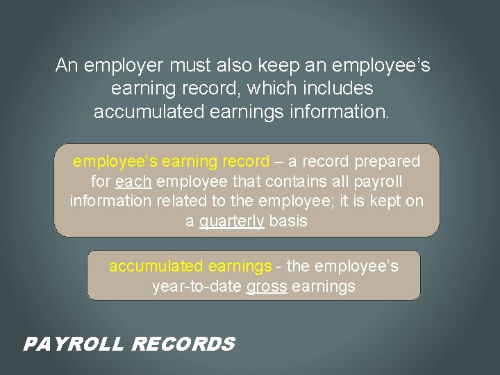 An employer must also keep an employee’s earning record, which includes accumulated earnings information.