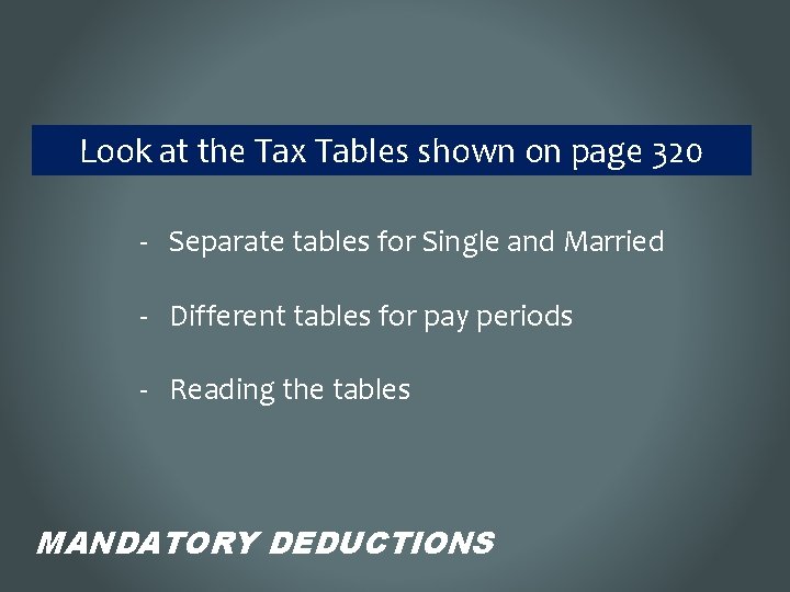 Look at the Tax Tables shown on page 320 - Separate tables for Single