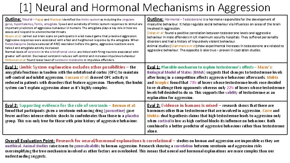 [1] Neural and Hormonal Mechanisms in Aggression Outline: Neural – Papez and Maclean identified