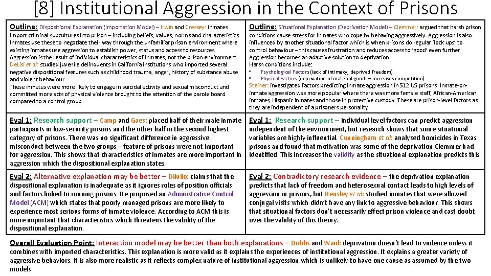 [8] Institutional Aggression in the Context of Prisons Outline: Dispositional Explanation (Importation Model) –