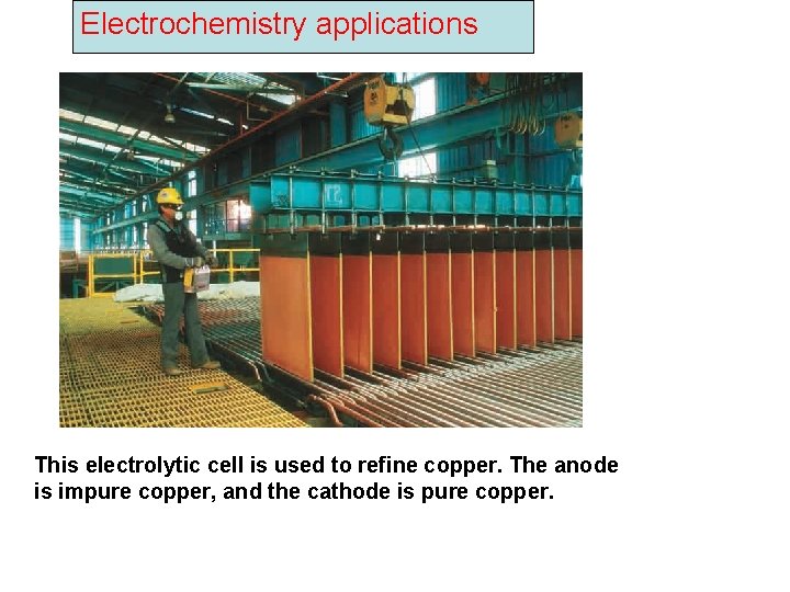 Electrochemistry applications This electrolytic cell is used to refine copper. The anode is impure