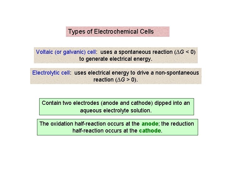 Types of Electrochemical Cells Voltaic (or galvanic) cell: uses a spontaneous reaction (∆G <