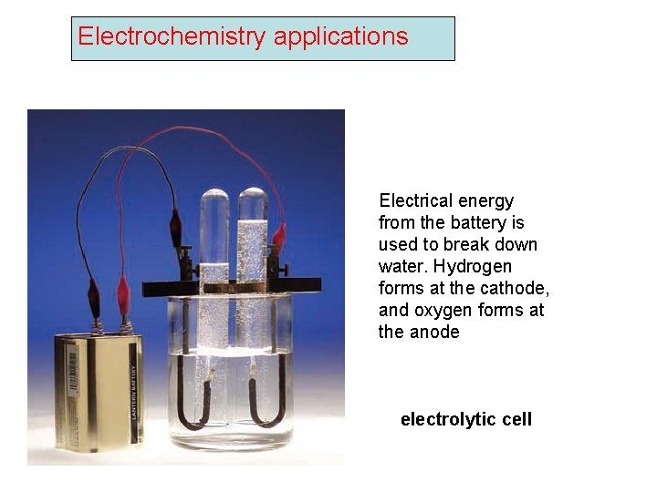 Electrochemistry applications Electrical energy from the battery is used to break down water. Hydrogen