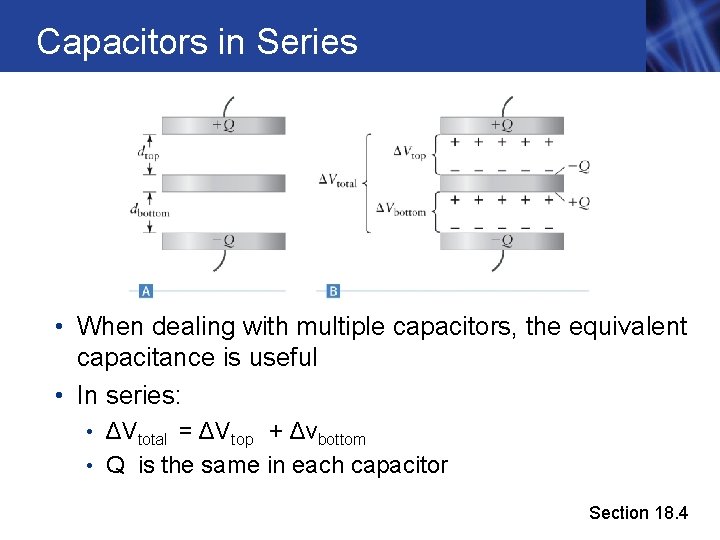 Capacitors in Series • When dealing with multiple capacitors, the equivalent capacitance is useful