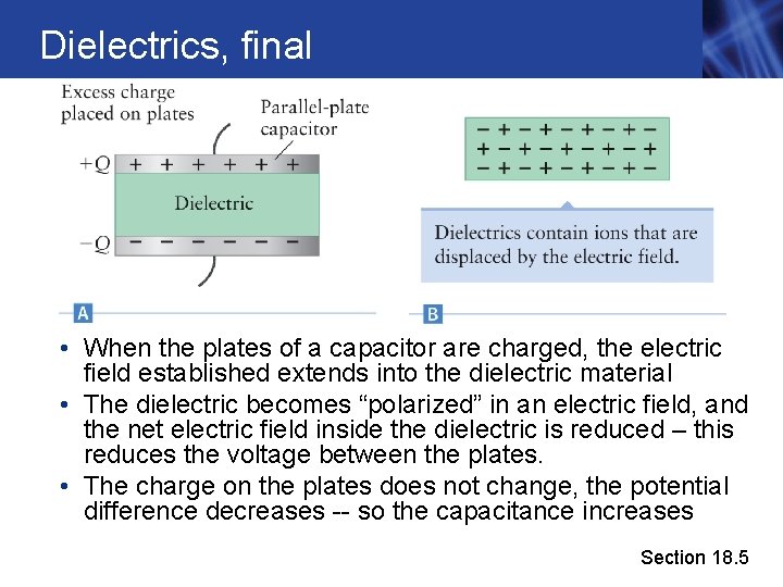 Dielectrics, final • When the plates of a capacitor are charged, the electric field