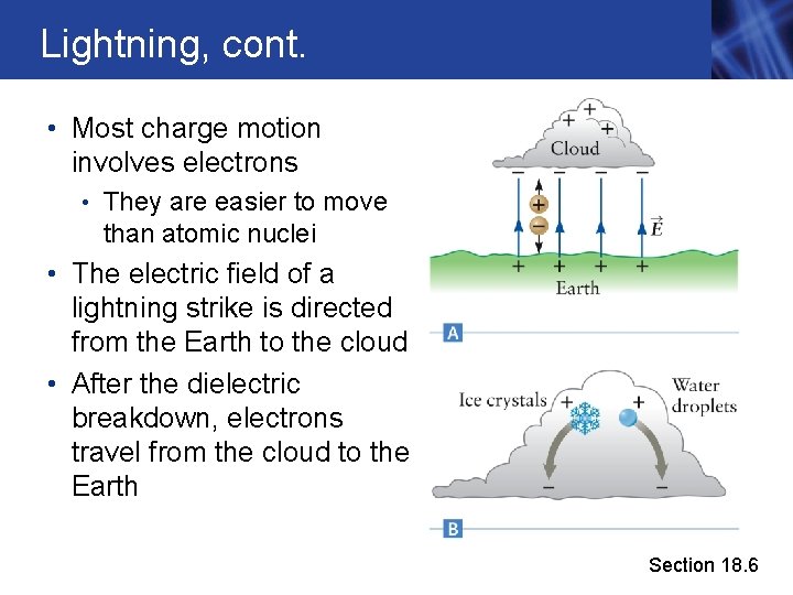 Lightning, cont. • Most charge motion involves electrons • They are easier to move