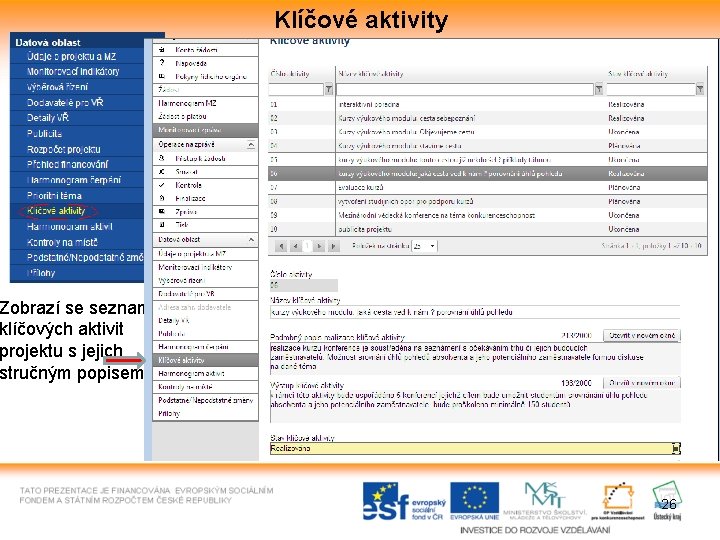 Klíčové aktivity Pro popis aktivity vyberte konkrétní aktivitu Zobrazí se seznam klíčových aktivit projektu