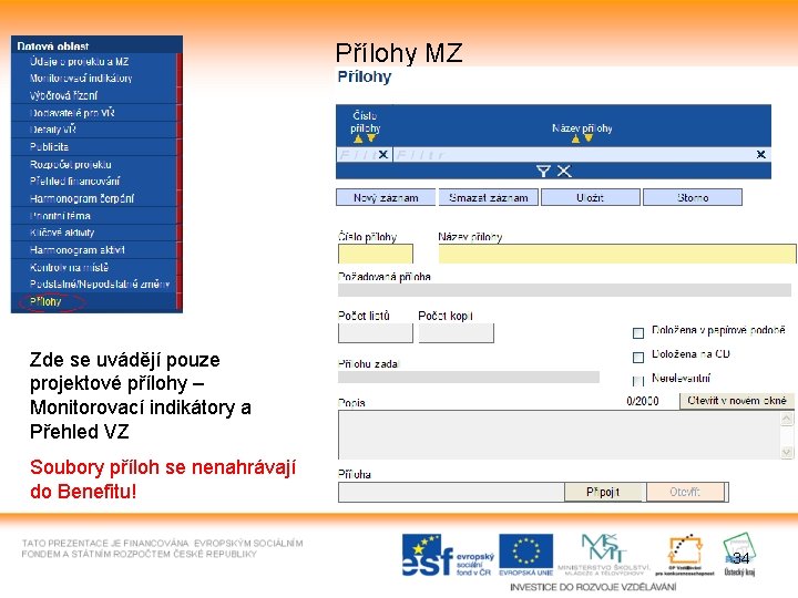 Přílohy MZ Zde se uvádějí pouze projektové přílohy – Monitorovací indikátory a Přehled VZ