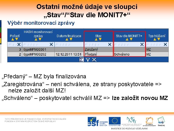 Ostatní možné údaje ve sloupci „Stav“/“Stav dle MONIT 7+“ „Předaný“ – MZ byla finalizována