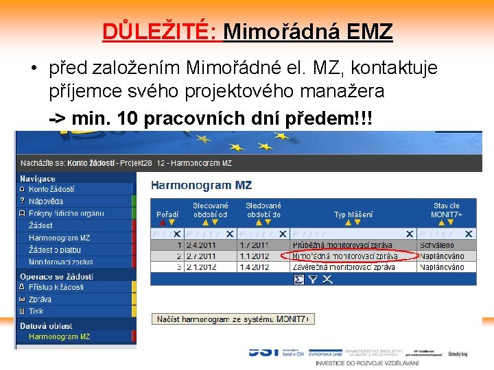 DŮLEŽITÉ: Mimořádná EMZ • před založením Mimořádné el. MZ, kontaktuje příjemce svého projektového manažera