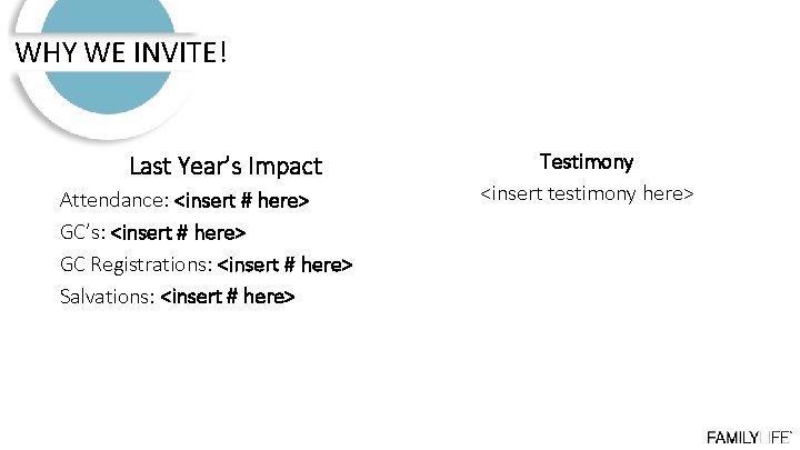 WHY WE INVITE! Last Year’s Impact Attendance: <insert # here> GC’s: <insert # here>