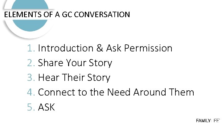 ELEMENTS OF A GC CONVERSATION 1. Introduction & Ask Permission 2. Share Your Story