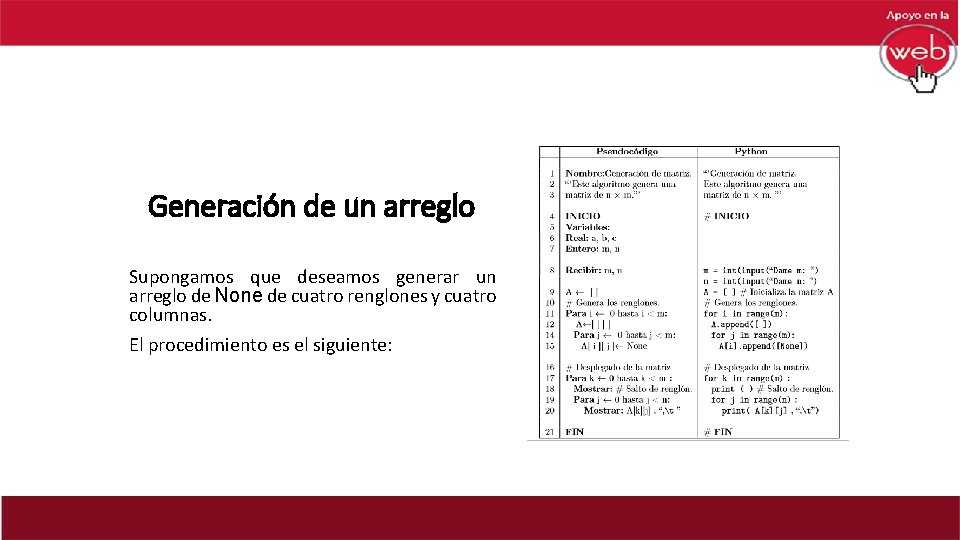 Generación de un arreglo Supongamos que deseamos generar un arreglo de None de cuatro