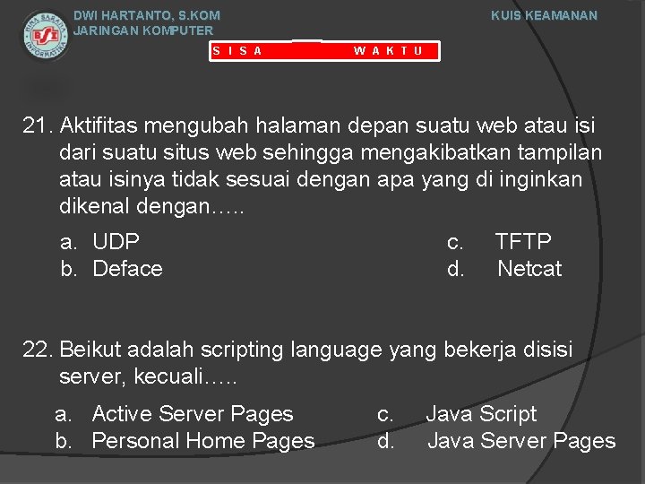 DWI HARTANTO, S. KOM JARINGAN KOMPUTER S I S A KUIS KEAMANAN W A