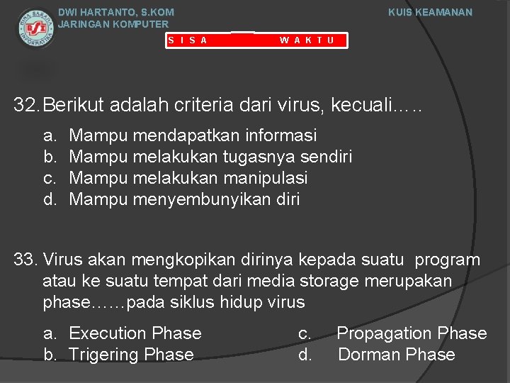 DWI HARTANTO, S. KOM JARINGAN KOMPUTER S I S A KUIS KEAMANAN W A