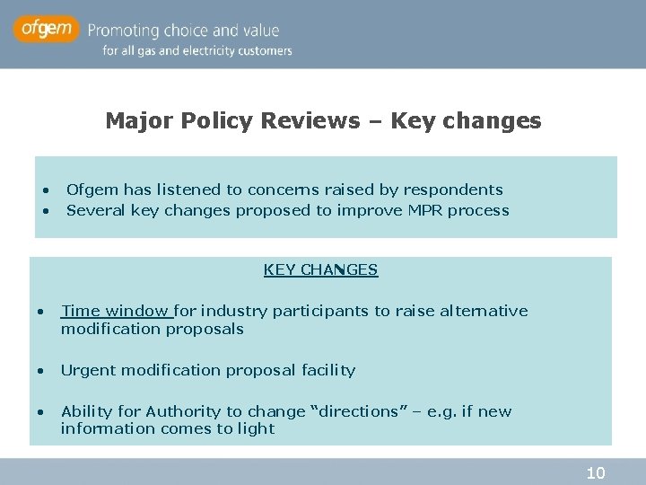 Major Policy Reviews – Key changes • • Ofgem has listened to concerns raised Major Policy Reviews – Key changes • • Ofgem has listened to concerns raised