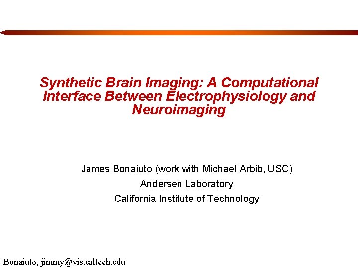 Synthetic Brain Imaging: A Computational Interface Between Electrophysiology and Neuroimaging James Bonaiuto (work with